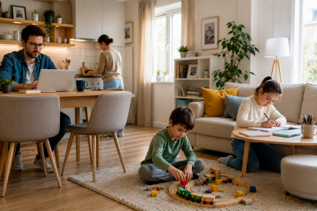Famiglia in un soggiorno diventato troppo piccolo, con giochi dei bambini, postazione di lavoro e spazi condivisi.