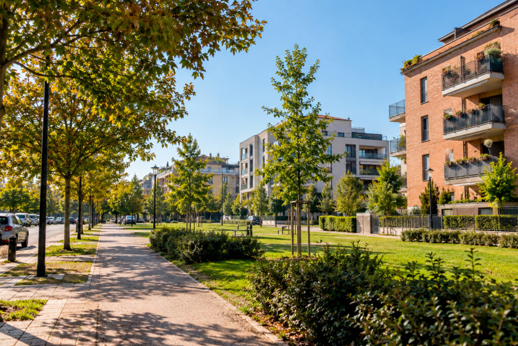 Quartiere residenziale con alberi, piste ciclabili e abitazioni nella zona sud di Parma.